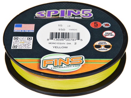 Fins Spin5 Fishing Braid, Size: 150 Yards, Yellow