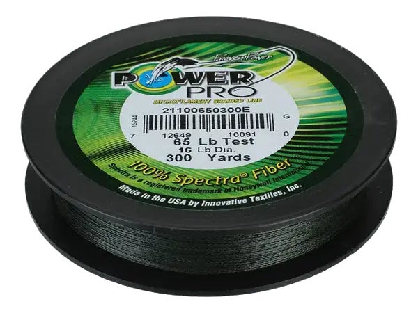 PowerPro Spectra braided fishing line in Moss Green packaging