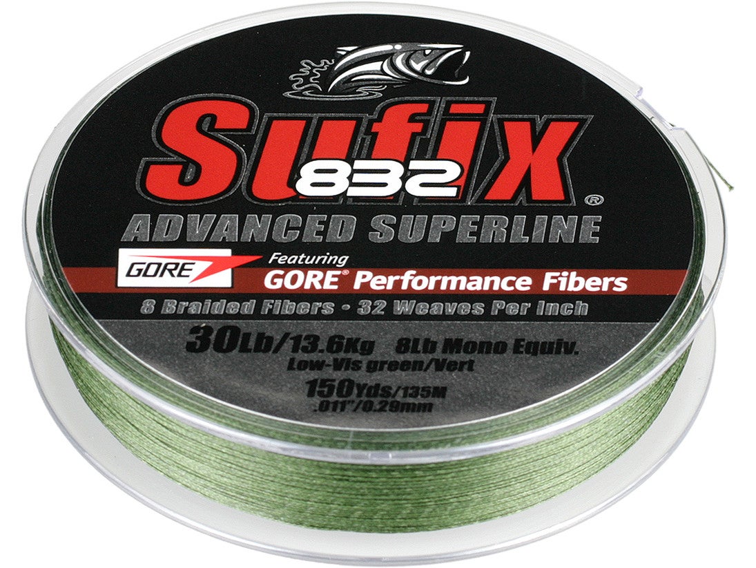 sufix 832 fishing line braid 65lb 150yd spool lo-vis green 660-065g superline 