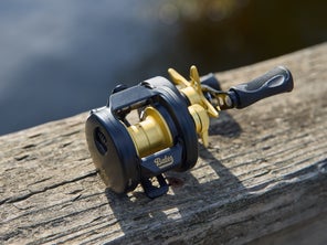 Bates O.G. 100 reel without line sitting on wood