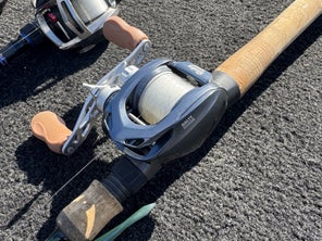 Forward shot of the Bates Fishing Co. Salty Hundo 100 casting reel displaying the spool depth and graphics. 