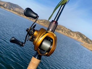 Top view of the Lew's Custom Pro Gen 3 casting reel while mounted to a Steez AGS rod with Santa Margarita Lake, hills, and blue sky in the background.