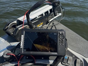 Picture of the lowrance eagel eye 9 live being used on the front deck of a bass boat