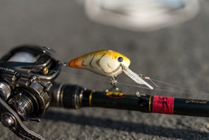 A crawdad-colored Strike King Gravel Dawg hooked onto a Lew's casting reel while resting on a carpeted bass boat deck.