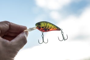 An upward-facing shot of a Strike King Gravel Dawg crankbait backlit by a partly cloudy sky.