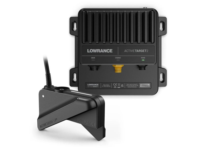 A transducer and module from the Lowrance ActiveTarget 2 XL Sonar Kit is shown