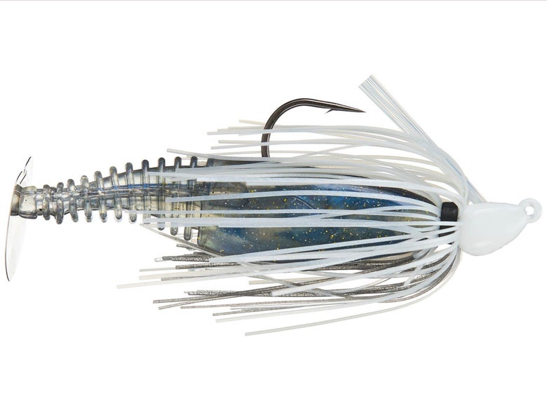 Profile shot of a fully rigged Gambler EZ Shaker Bladed Swim Jig with a white skirt and shad-colored trailer