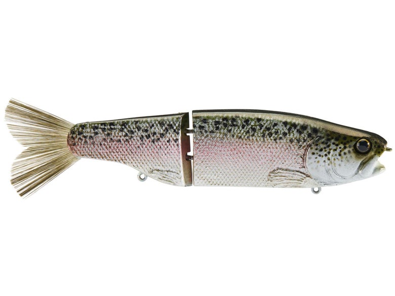 Closeup side profile shot of the KGB Trout Glide Bait in a rainbow trout pattern