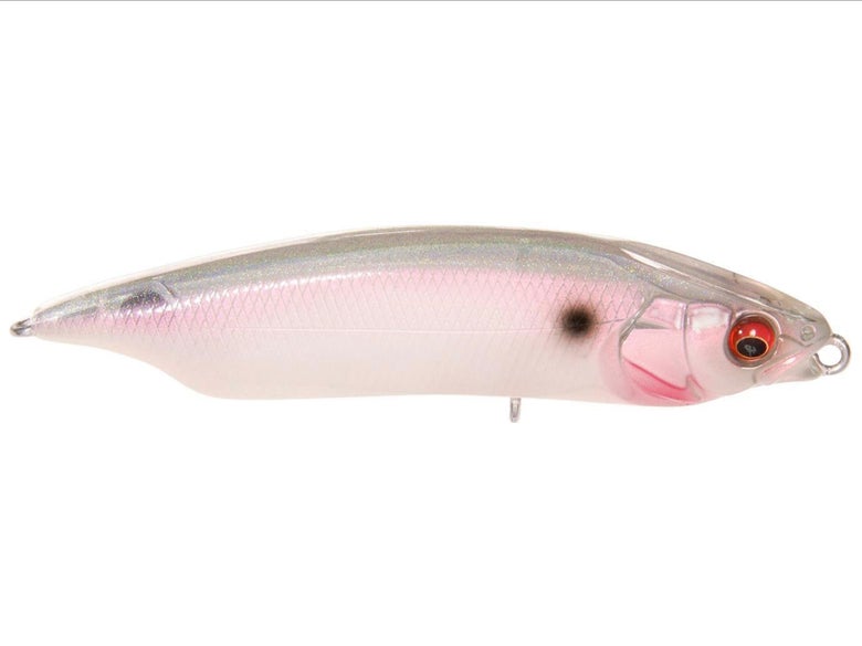 Closeup of the Megabass Karashi 80 in albino pearl