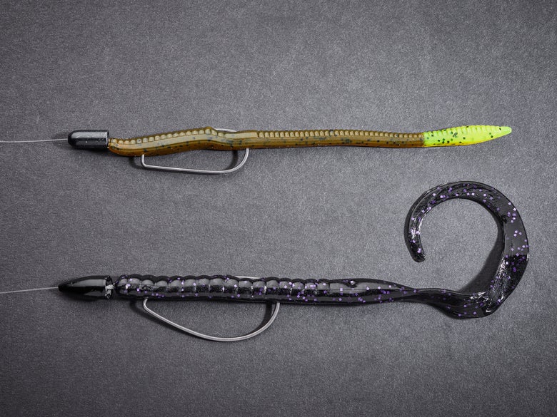 Texas-rigged straight and curly tail plastic worms