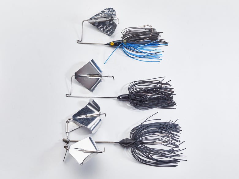Single and dual-bladed buzzbaits are shown