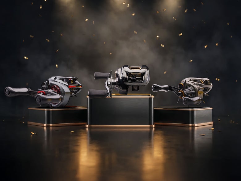 Three baitcasting reels showcased against a dark AI background