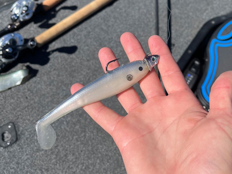 A shad-colored Basstrix paddle tail swimbait rigged on an exposed-hook swimbait jighead while resting in the palm of a hand.