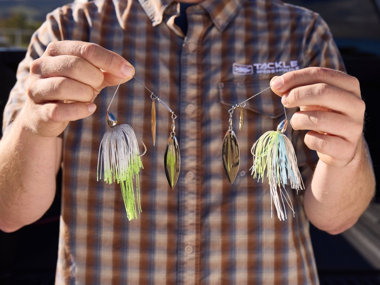 Two War Eagle Colorado Willow Spinnerbaits being held up to the camera
