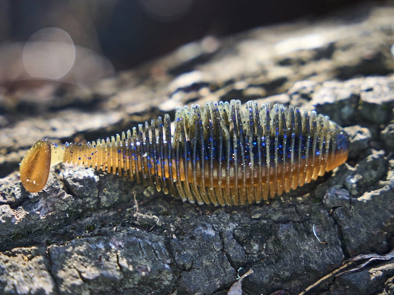 An unrigged Geecrack Bellows Gill Swimmer sitting on a log in the sunlight.