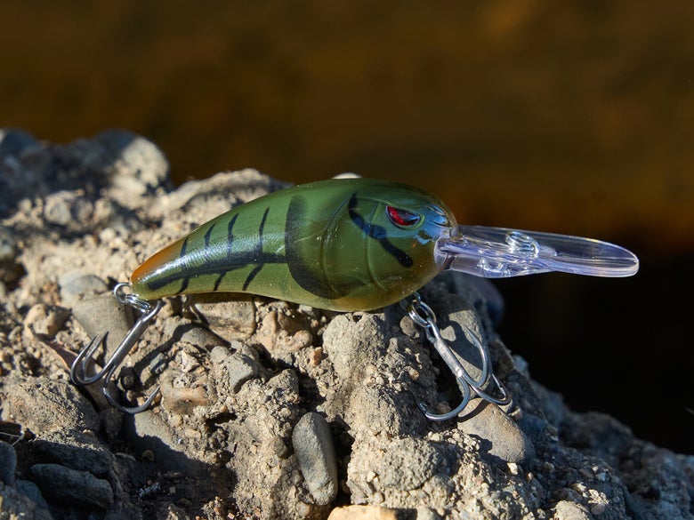 A SPRO RkCrawler 55 crankbait in Phantom Green sitting on a rocky surface.