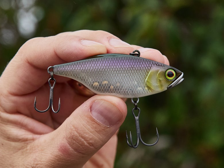 A shad-colored Jackall TN 70 lipless crankbait behind held up.
