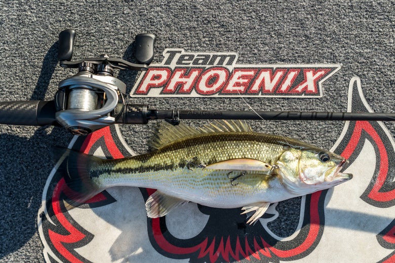 Bass on a boat deck with reel
