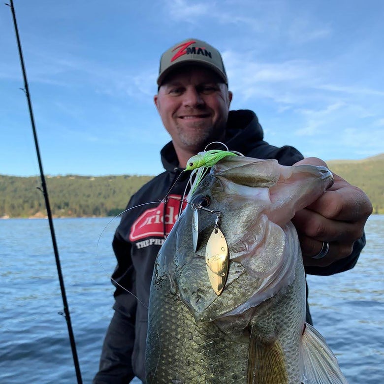 big bass with spinnerbait in mouth