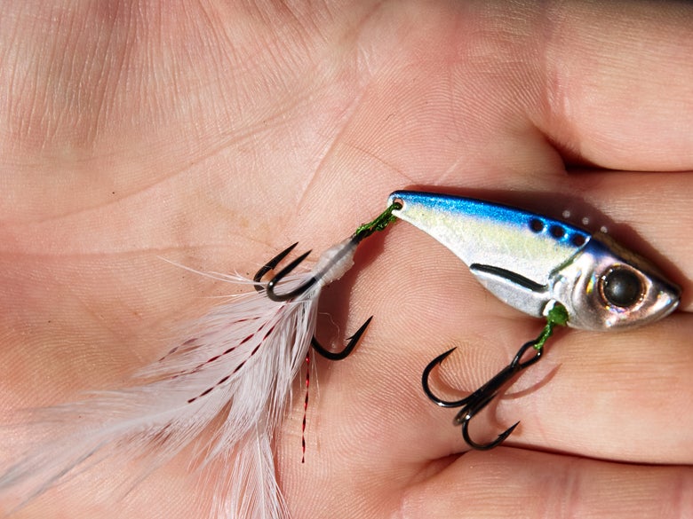 Blade Bait with braided split rings and feathered treble hooks