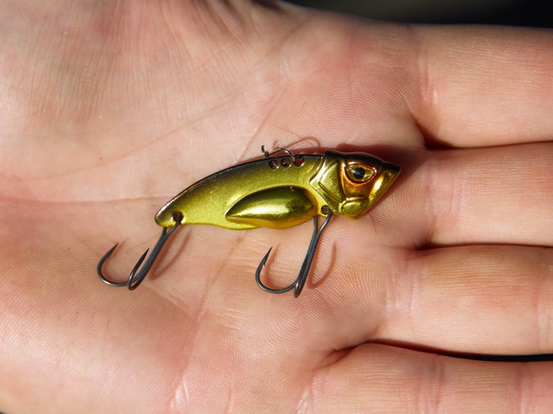 Blade Bait with multiple connections and frog-style hooks