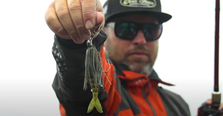 bladed jig held by professional bass fisherman