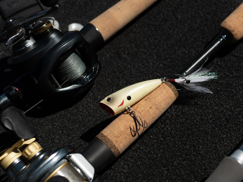 popper tied on with rod and reel