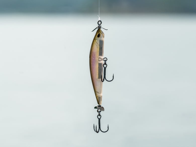 Image of Duo Realis spybait hanging from fluorocarbon line with a blurred out lake in the background