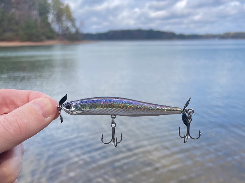 Image of a spybait being held up with a clear water reservoir in the background