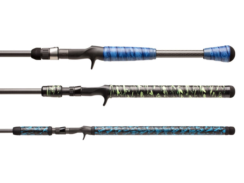 Three baitcasting rods with custom-wrapped handles