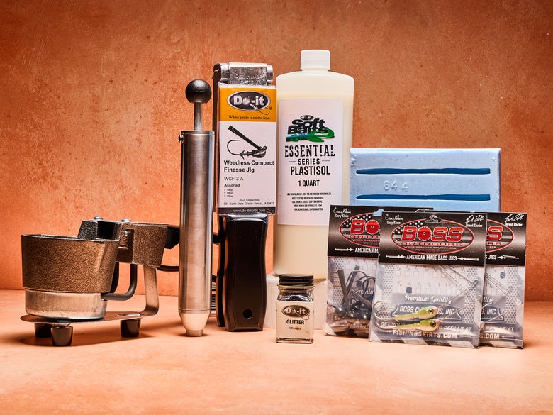 A group shot of products that anglers can utilize to make their own fishing equipment, like lead melters, jig skirts, and jig molds