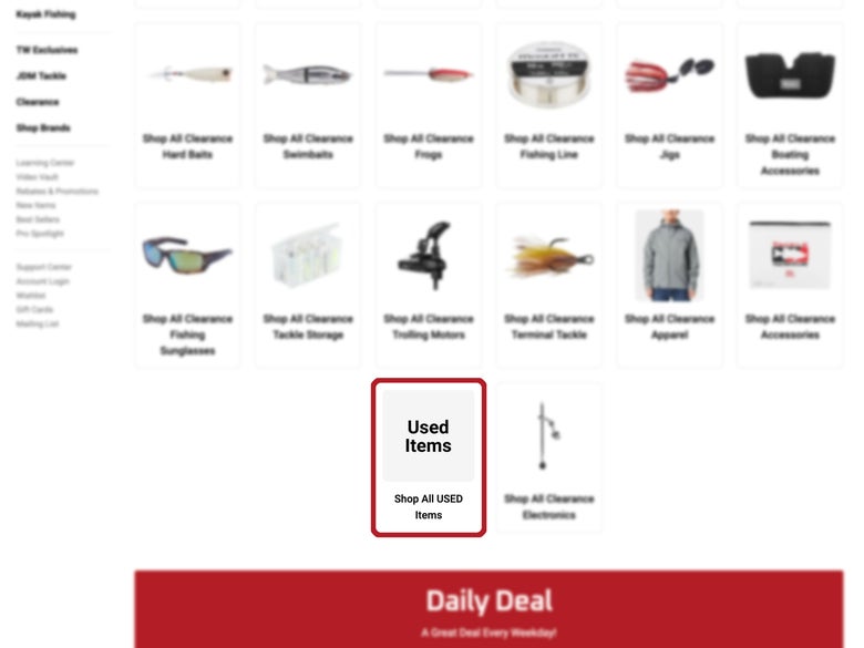 Screenshot of the Tackle Warehouse clearacne page with the used item link highlighted in red