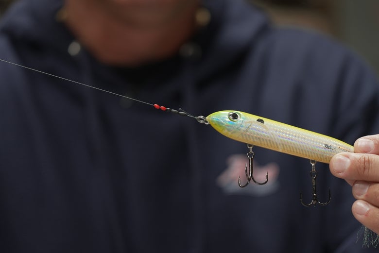 red and black bobber stops in front of topwater walking bait