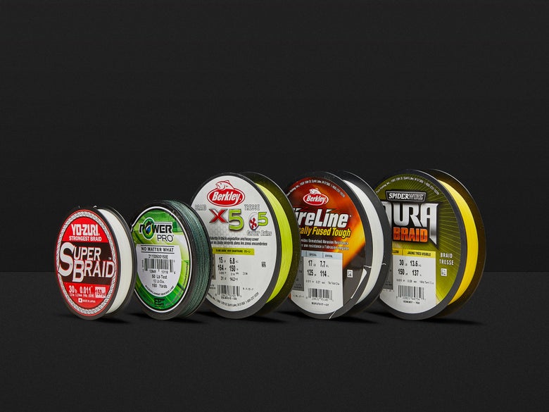 Five different spools of braided line.
