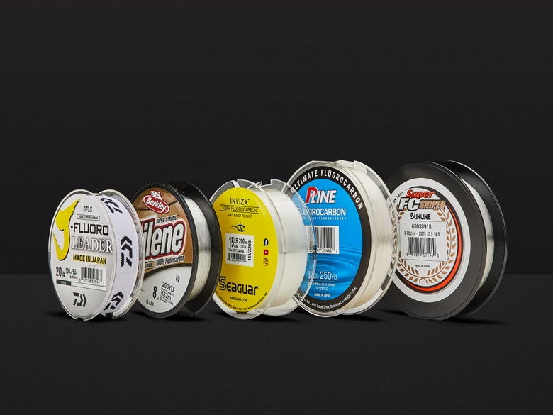 Five different spools of fluorocarbon line.