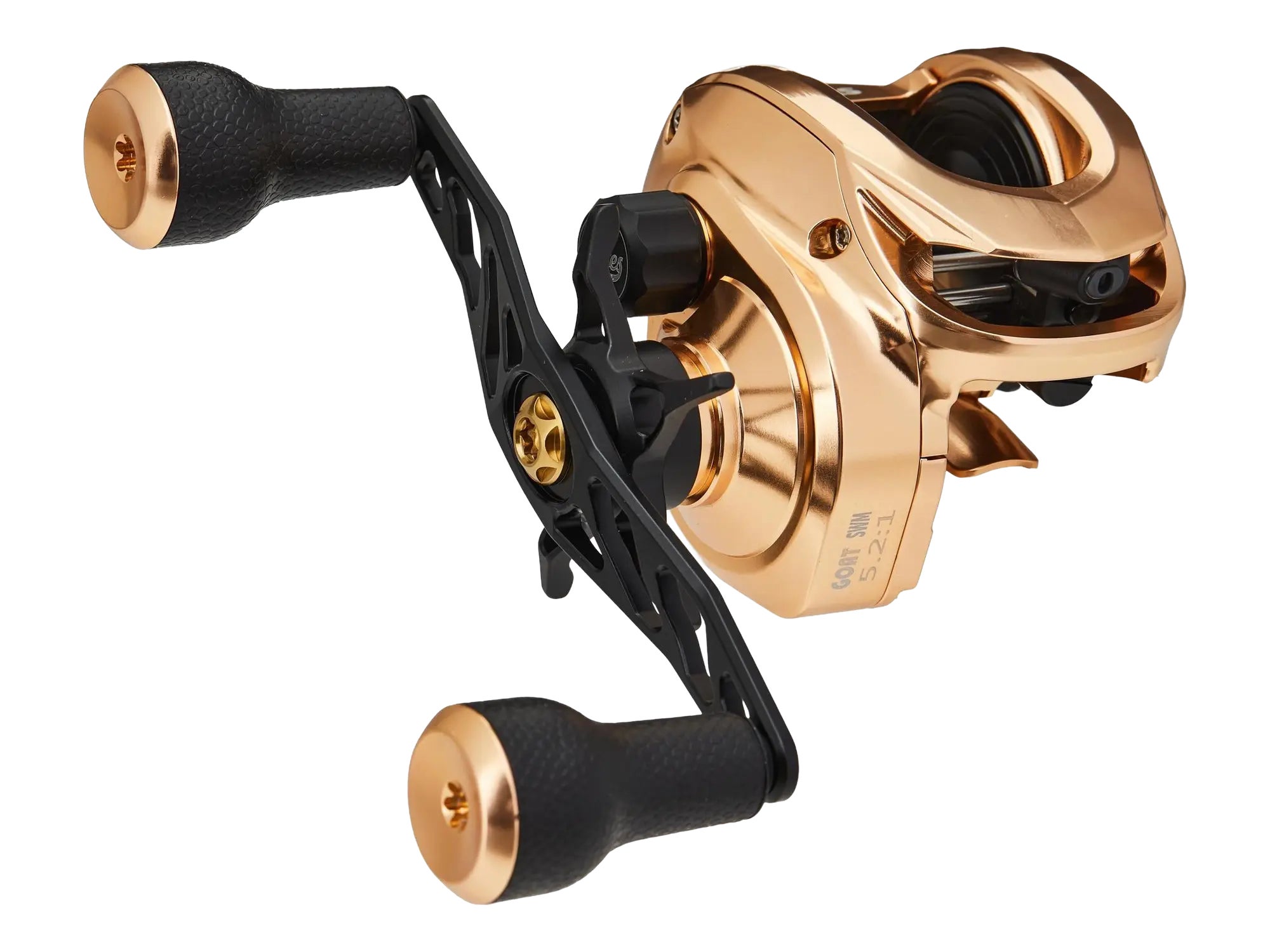 A Bates Goat SWM Limited Edition Knox Gold Casting Reel shown against white space