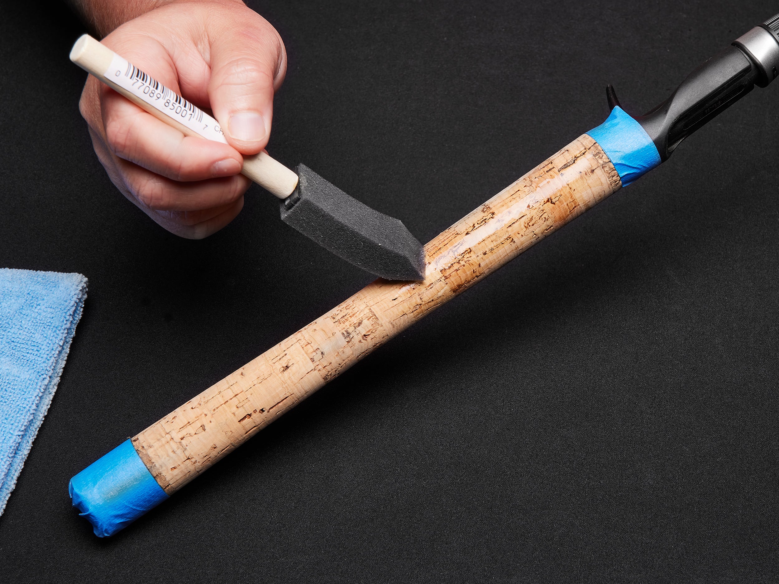 applying sealant to cork rod handle