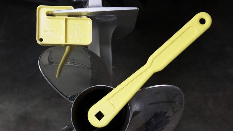 TH Marine Prop Wrench and Stop Mounted to Outboard