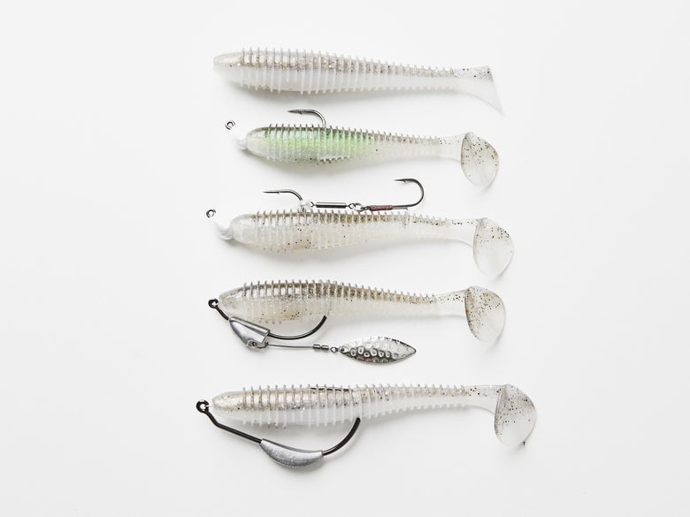 paddle tail swimbaits with assorted rigging modifications