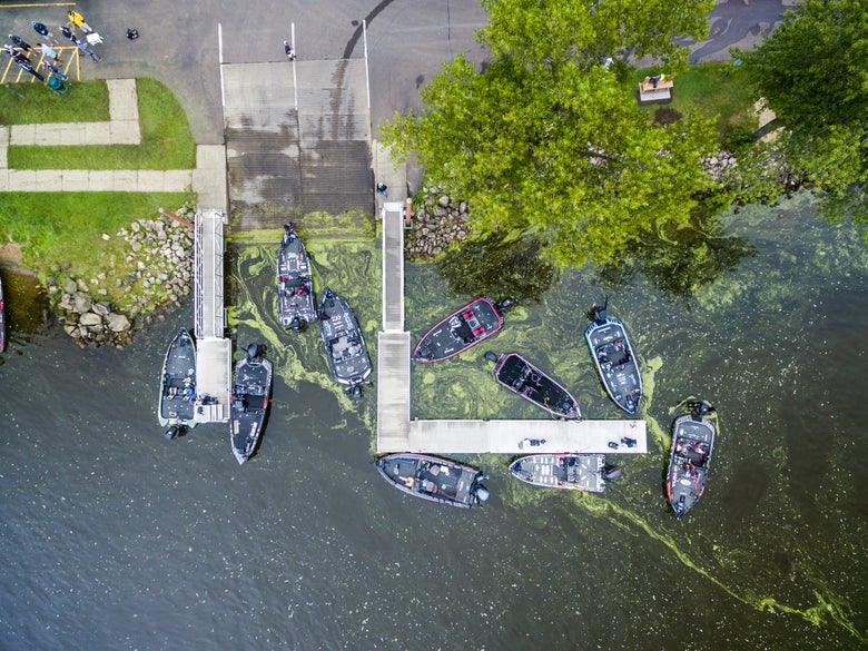 aeriel view of launch ramp at bass fishing tournament