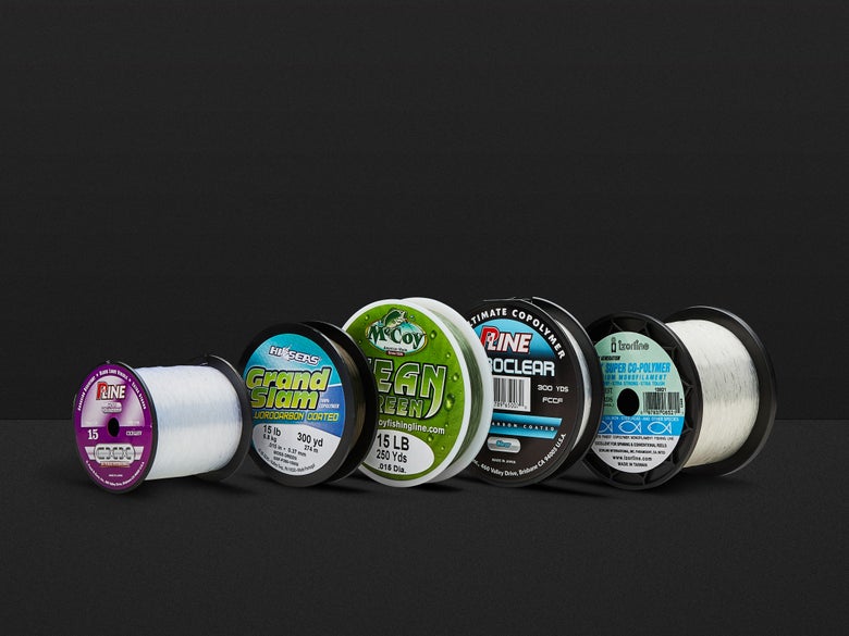 Five different spools of co-polymer fishing line.