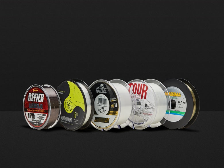 Five different spools of monofilament line.