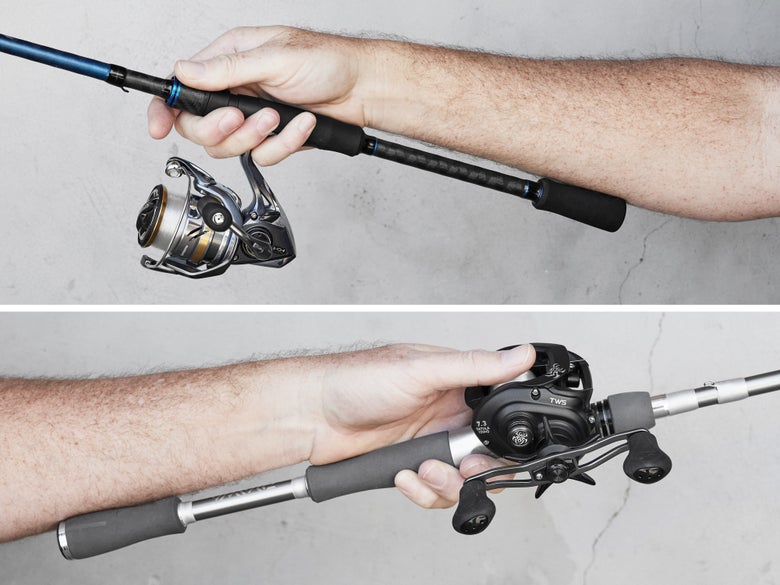 An angler holding a spinning and casting setup to showcase the different reel orientations