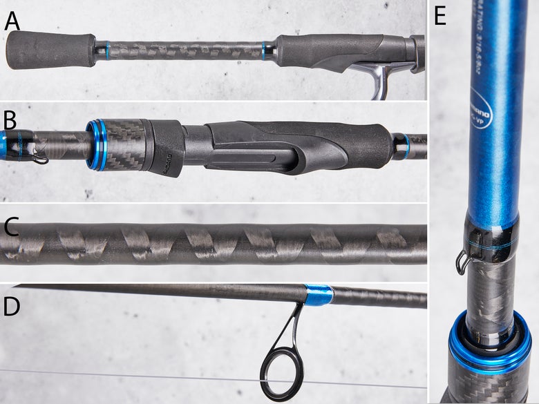 A collage of images showing the different parts of a spinning rod