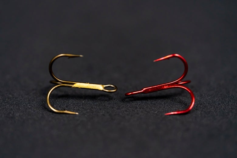 Bronze and Red Treble Hooks